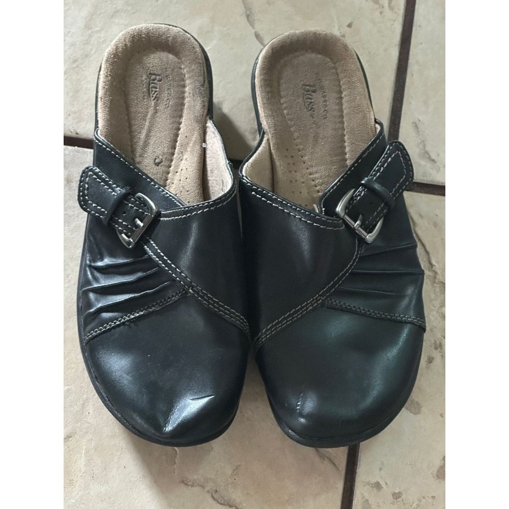 Bass Black Leather Comfort Slides Sandals Buckle Strap Casual Shoes